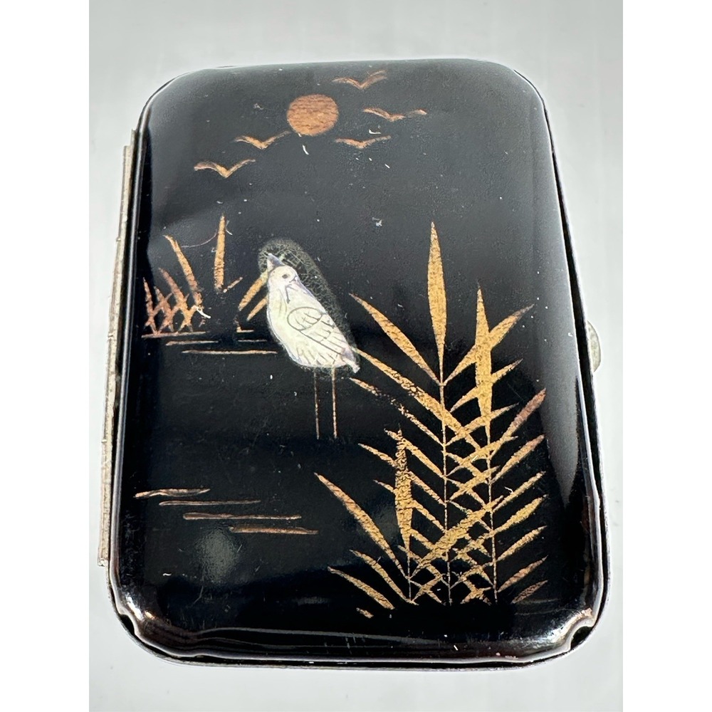 Vintage‎ Black Match Safe Case Crane Birds Sun Bamboo Striker Made In Japan